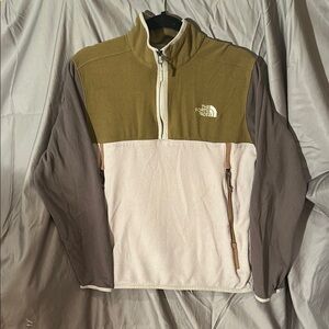 The North Face Green and Cream Zip Up Sweater with Stand-Up Collar